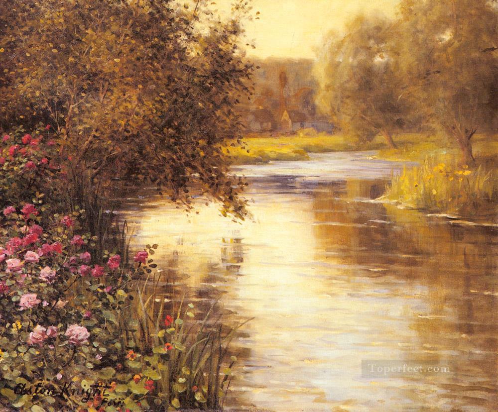 曲がりくねった川沿いの春の花 ルイ・アストン・ナイト油絵
